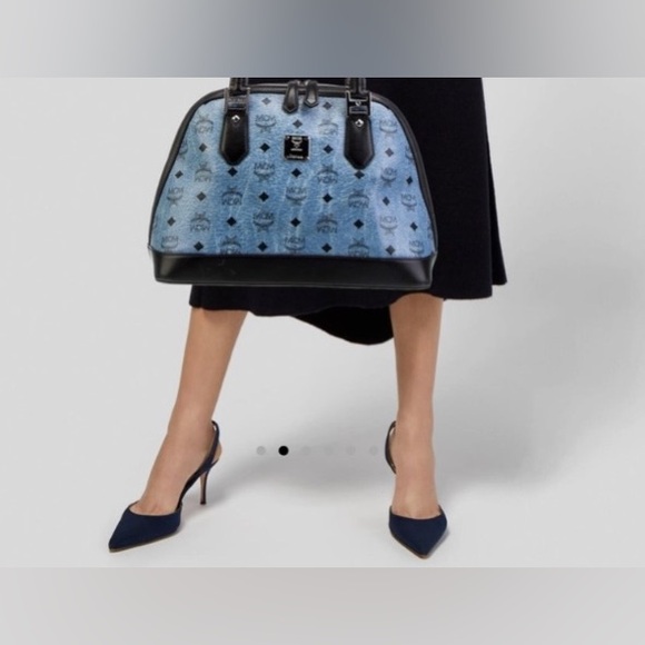 MCM SIGNATURE LEATHER DOMED TOP HANDLE SATCHEL HANDBAG PURSE DENIM BLUE BLACK - Picture 15 of 15